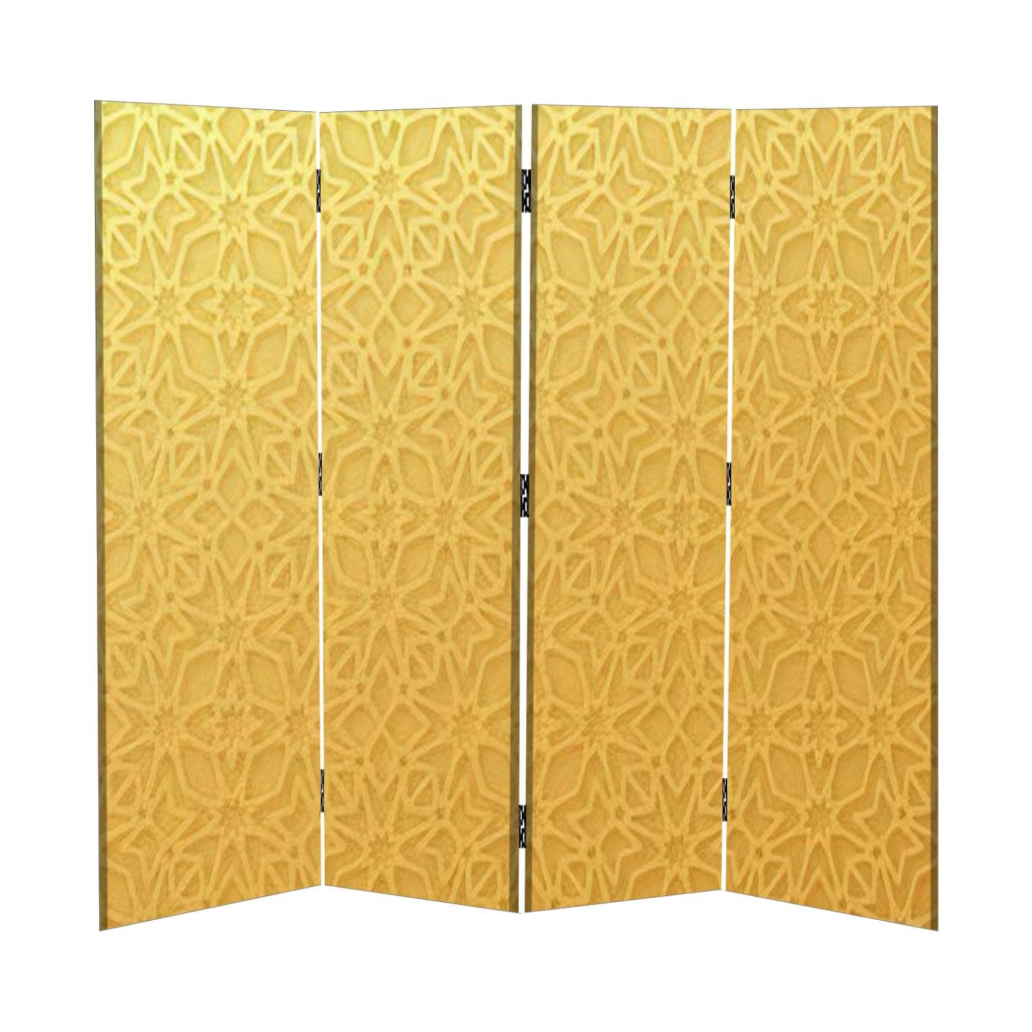 3D Geometric Canvas Room Divider Screen with Gold Ornamentation - Arabian Traditional Motif Folding Privacy Partition (4 Panel) for Living Room, Bedroom & Office Space Divider