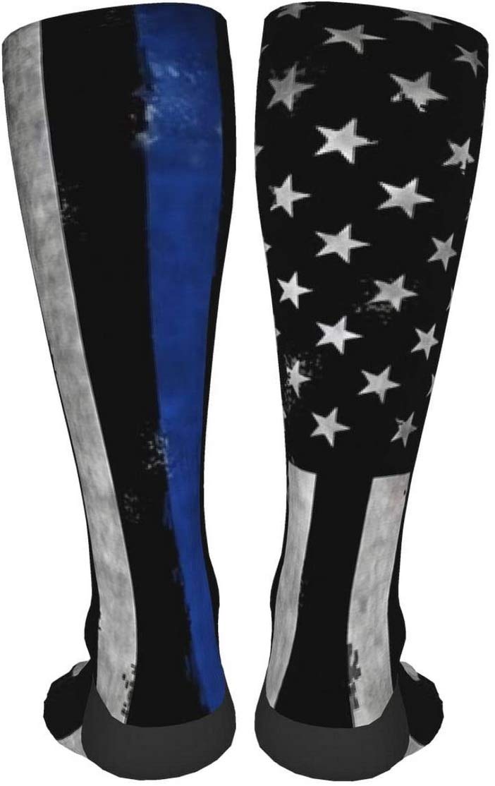 American Police Flag Compression Socks - Black, White & Blue Striped Unisex Printed Socks - Crazy Patterned Fun Long Cotton Over-The-Calf Tube Socks for Running, Nursing & Law Enforcement Support