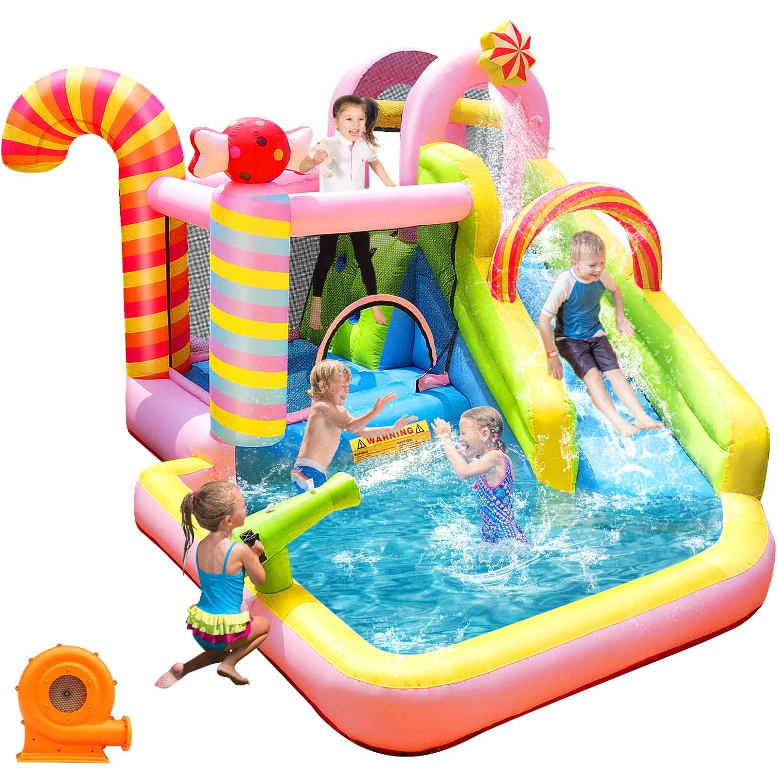 **6-in-1 Inflatable Bounce House Water Slide - Sweet Candy Water Park with 450W Blower, Splash Pool for Kids & Adults | Wet & Dry Combo Bouncy Castle for Backyard Parties, Summer Fun & Outdoor Play**