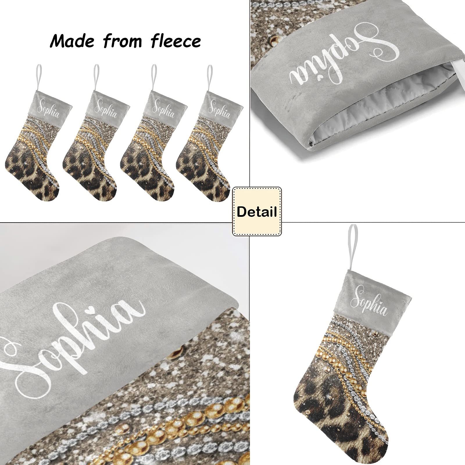 Personalized Christmas Stockings with Name - Bling Pearl & Leopard Print Holiday Decor - 17.52 x 7.87 Inch Family Xmas Gift for Fireplace Mantel, Tree Decorations & Festive Home Styling