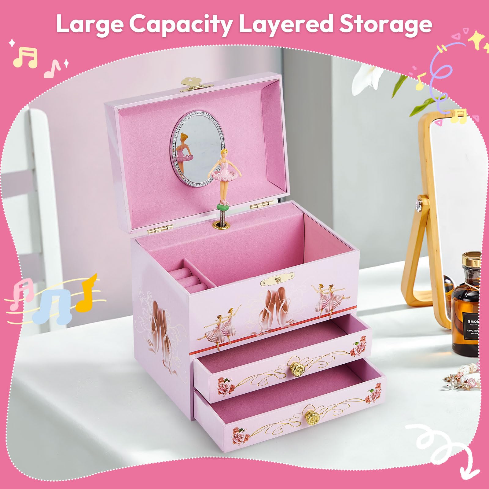 Girl's Ballerina Musical Jewelry Box with 2 Drawers & Spinning Dancer - Perfect Gift for 3-12 Year Old Girls, Jewelry Storage Organizer for Bedroom, Birthday & Christmas Presents