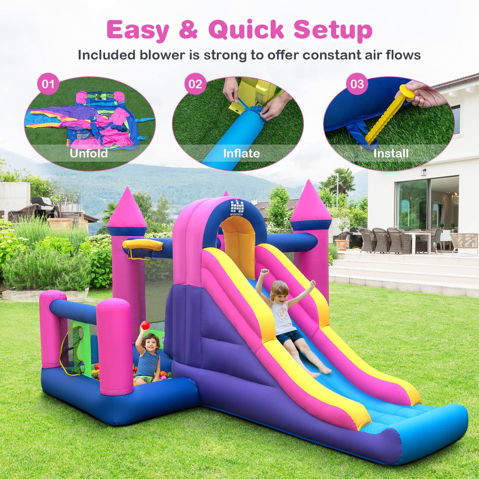 BOUNTECH Inflatable Bounce House with Slide, Ball Pit & Basketball Hoop - Princess Castle Theme for Kids Ages 3-10 | Outdoor Backyard Party Toy, Birthday Gift for Toddlers | Perfect for Birthday Parties, Summer Fun & Backyard Playtime