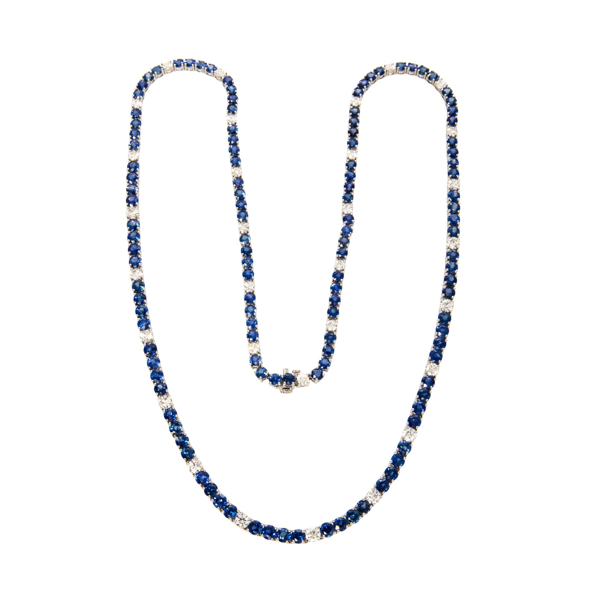 42.51ct Natural Blue Sapphire & 7.62ct Diamond Tennis Necklace in 18K White Gold | Elegant Jewelry for Weddings, Anniversaries & Special Occasions