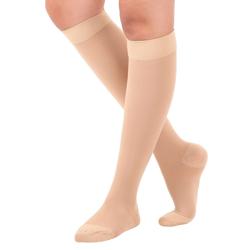 Mojo Compression Socks 20-30mmHg Graduated Support - Made in USA, Opaque Beige, Unisex Small (A201BE1) | Ideal for Travel, Running & Circulation Support