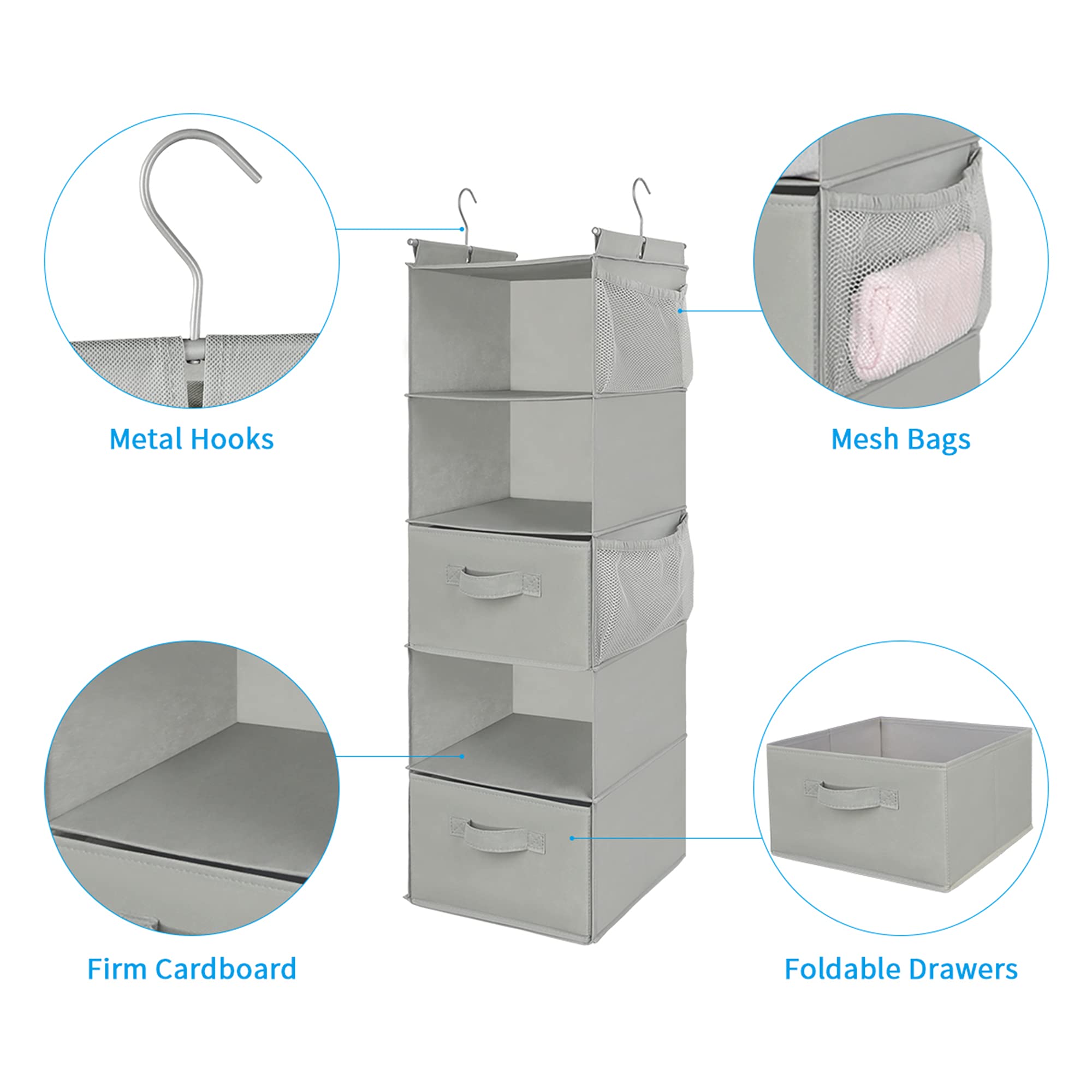 MAX Houser 5-Tier Foldable Hanging Closet Organizer - Space Saving Storage Shelf with 2 Sturdy Hooks for Clothes, Shoes & Accessories (Light Grey) - Perfect for Bedroom, Closet & Dorm Organization