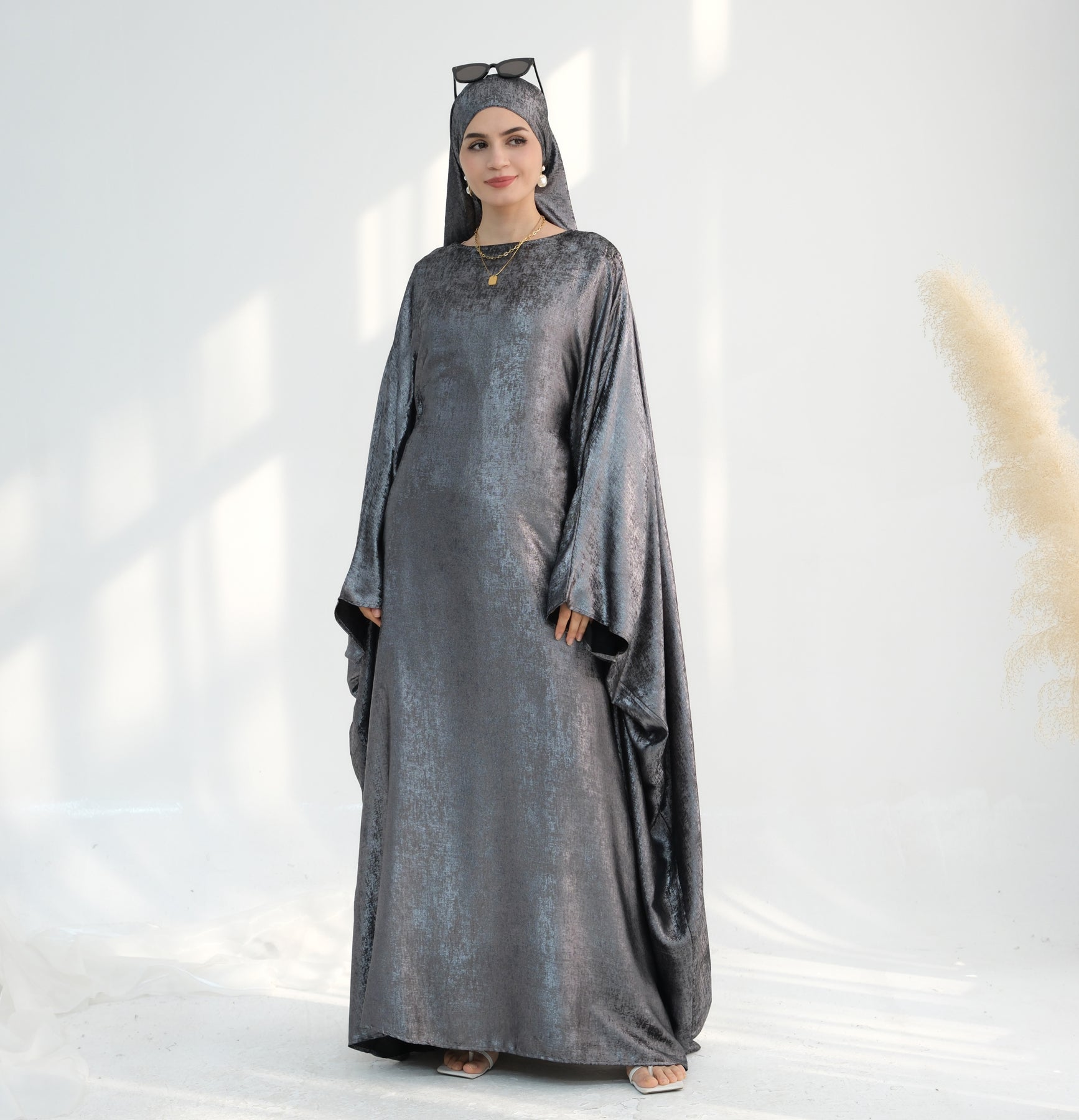 Linora Shimmer Butterfly Abaya - Elegant Gray Islamic Dress for Women | Perfect for Eid, Ramadan & Special Occasions