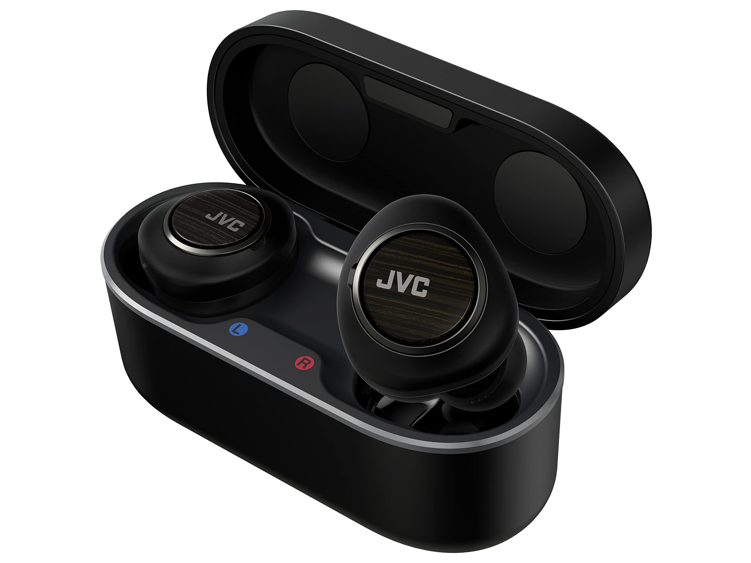 JVC HAFW1000T True Wireless Earbuds with 11mm Wood Carbon Driver, Bluetooth 5.2, Qualcomm Adaptive ANC & K2 Technology, 28H Battery Life, Spiral Dot Pro Earpieces - Perfect for Gym, Commuting & Travel (Black)
