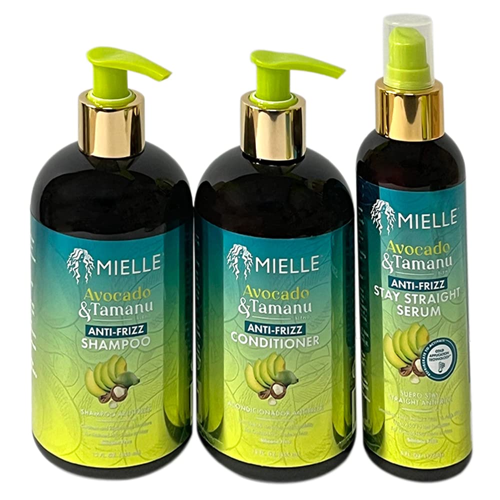Mielle Avocado & Tamanu Anti-Frizz Hair Care Bundle - Shampoo, Conditioner & Stay Straight Serum Set (3PCS) for Smooth, Frizz-Free Hair - Perfect for Daily Hair Care & Styling