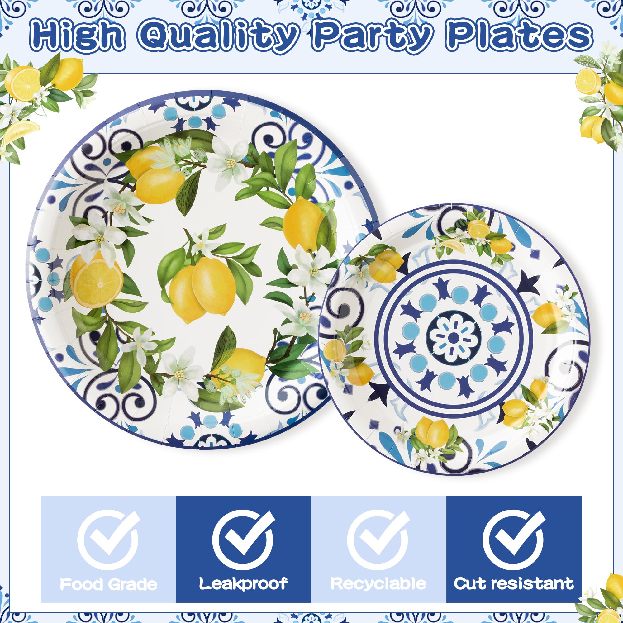 96-Pack Blue & Yellow Lemon Print Disposable Party Plates, Napkins & Forks - Tropical Citrus Theme Tableware for Kids Birthday, Baby Shower (Serves 24) | Summer BBQ, Pool Party & Outdoor Picnic Decorations