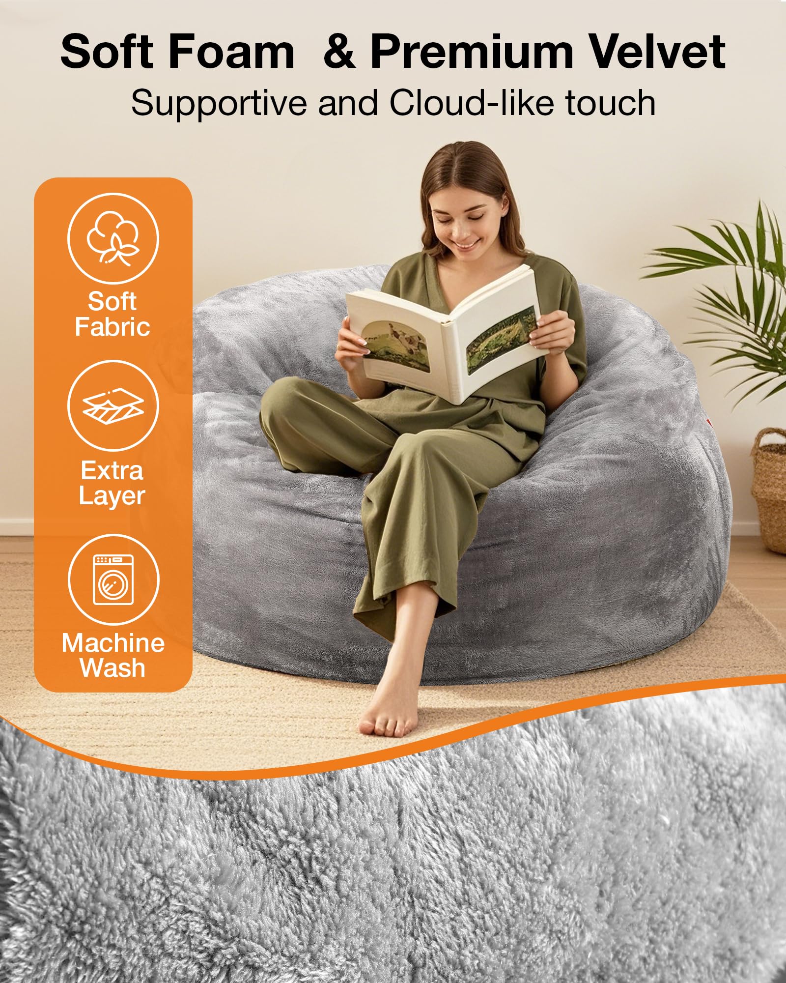 Giant Bean Bag Chair Bed - Extra Large Foam Filled Beanbag for Adults, Kids & Teens - Supportive Machine Washable Lounger for Living Room, Bedroom, Game Room - Perfect for Sleeping, Reading & Relaxing