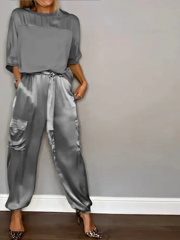 Women's Solid Color Satin Two Piece Set - Round Neck Top & Loose Long Pants Outfit for Spring Summer | Casual Lounge Wear, Street Style Fashion, Office to Weekend Outfits