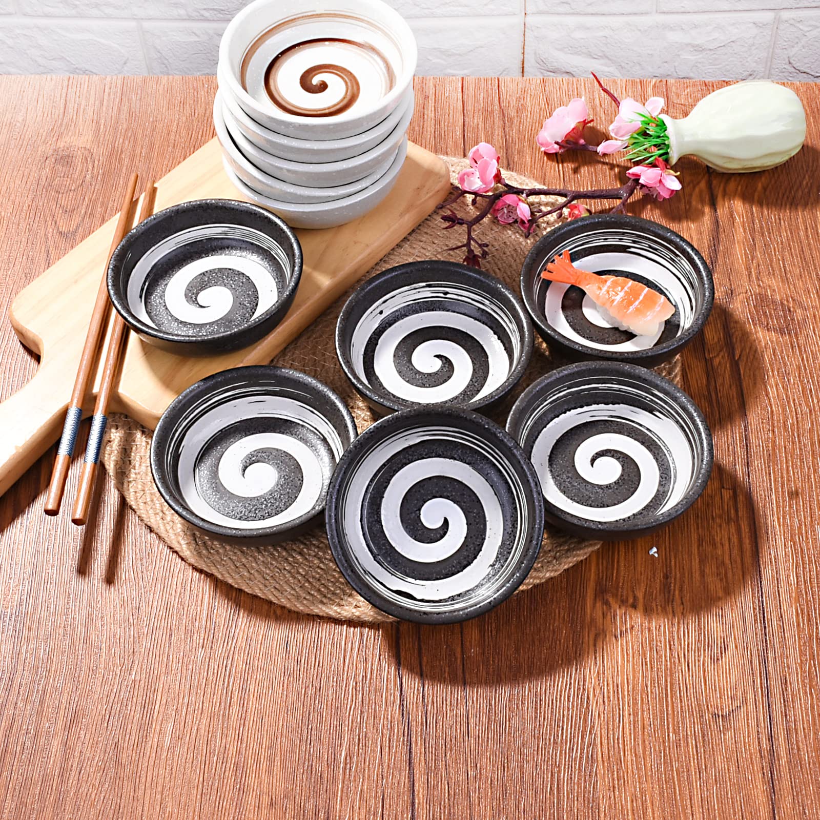 Premium Japanese Porcelain Side Dish Bowls - 3.7 Inch Ceramic Dipping Sauce Bowls Set of 6 (Black) - Perfect for Sushi, Appetizers, Seasoning, and Party Serving - Elegant Small Dishes for Soy Sauce, Wasabi, and Condiments