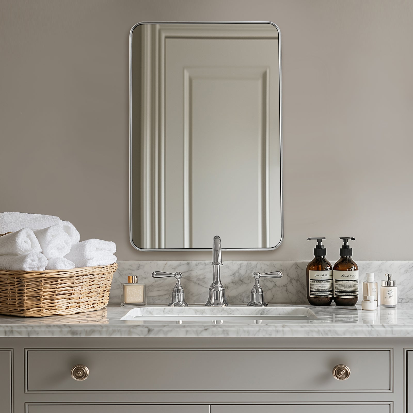 Modern Rounded Rectangular Bathroom Mirror with Stainless Steel U-Tube Frame - Perfect for Vanity, Powder Room & Contemporary Bathroom Decor