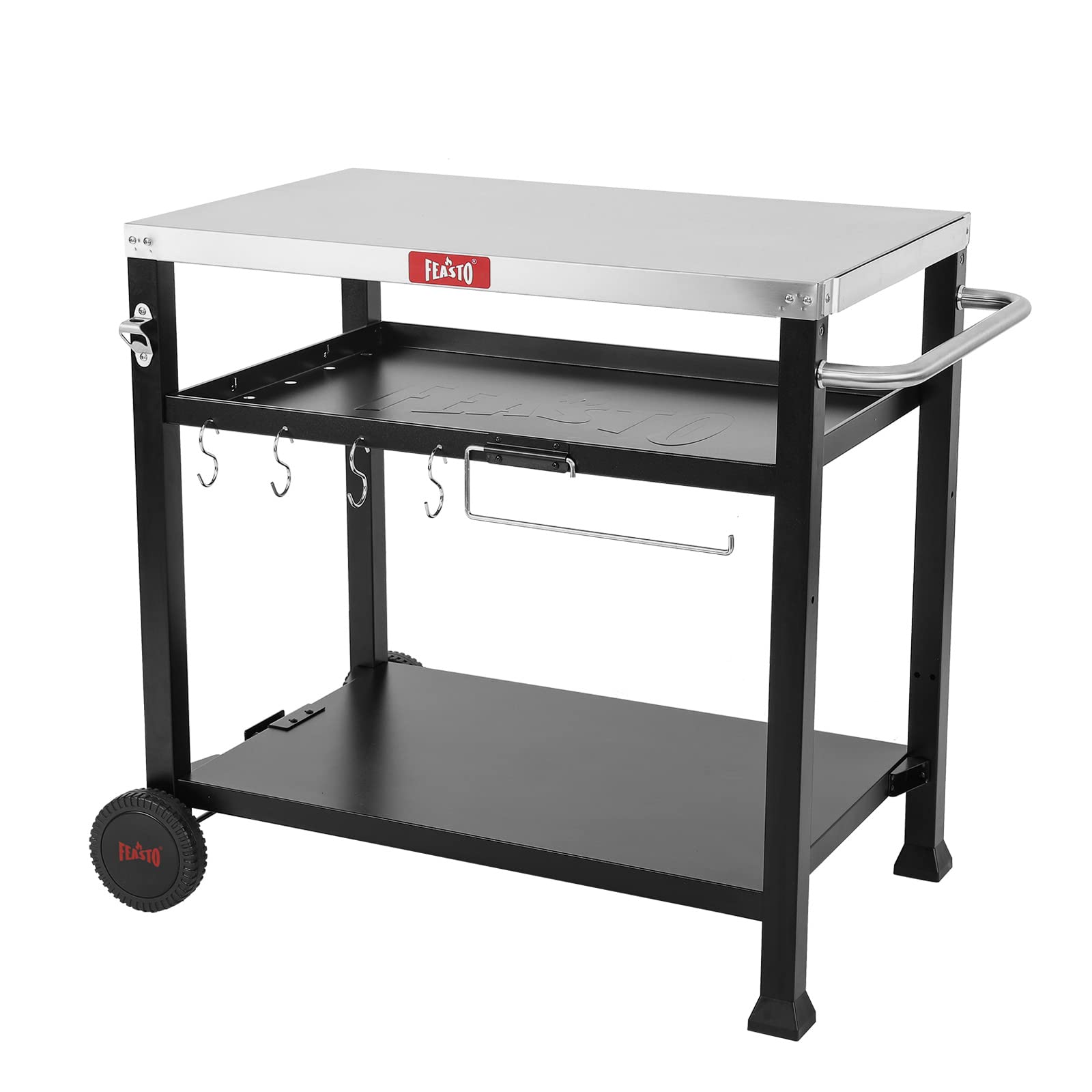 3-Shelf Outdoor Grill Table with Wheels - Portable Pizza Oven Stand for Ooni & Blackstone Griddle (33.5”x21.7”) - Heavy Duty Movable BBQ Cart for Indoor & Outdoor Cooking - Perfect for Backyard, Patio, Camping and Tailgating Parties