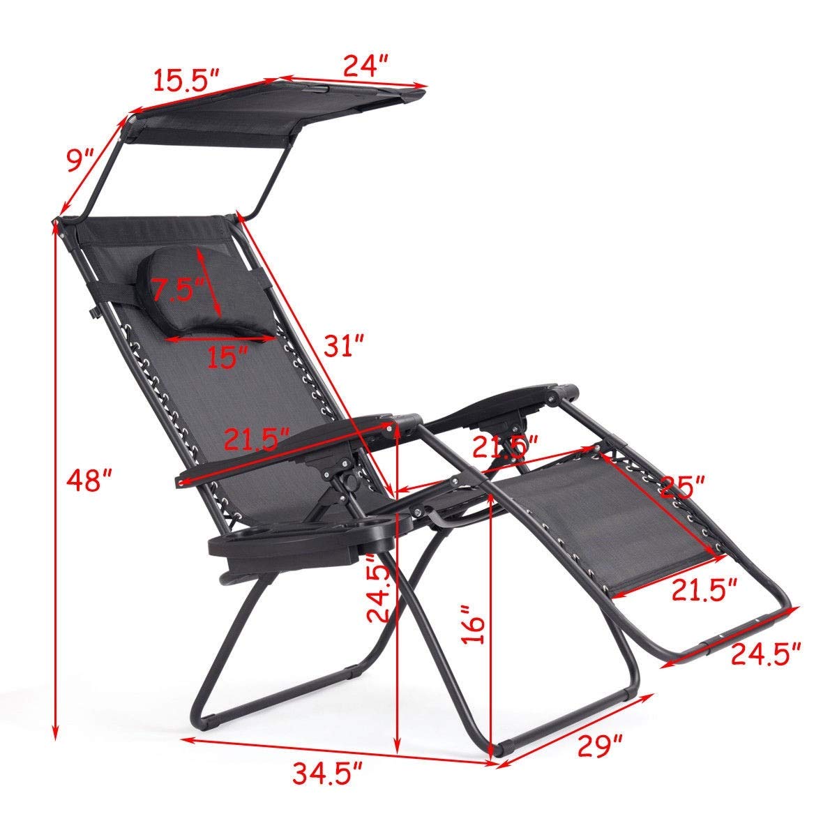 Premium Zero Gravity Folding Recliner Lounge Chair with Adjustable Shade Canopy & Magazine Cup Holder - Portable Outdoor Patio, Beach, Camping, Poolside Relaxation Chair (Black)