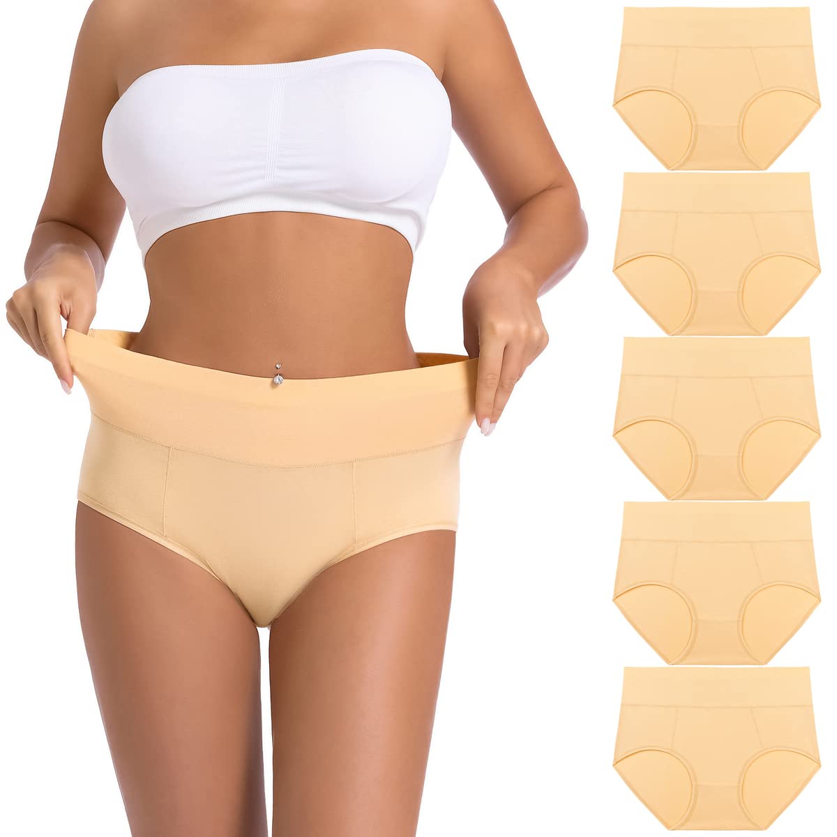 OKalyn Women's Cotton Briefs 5-Pack - High Waisted Comfortable Full Coverage Underwear Panties for Everyday Wear, Workout & Sleep