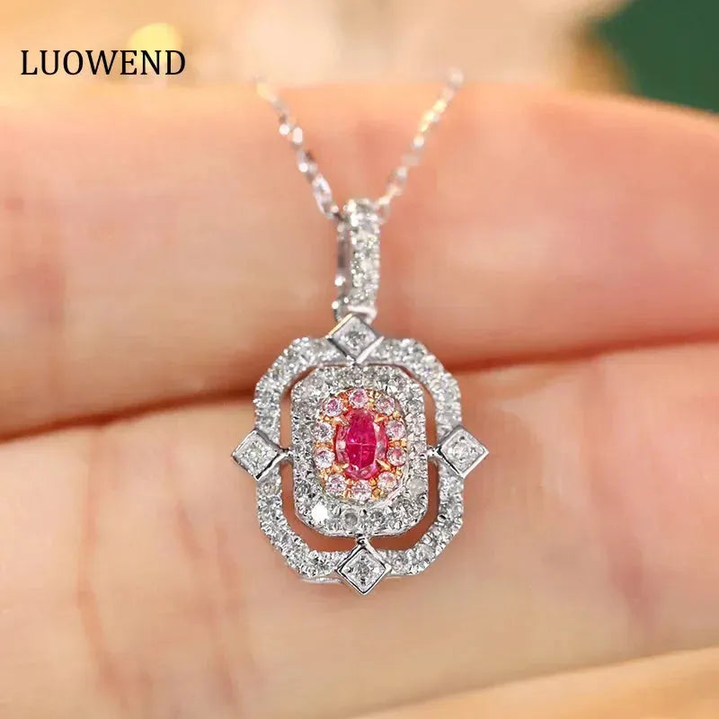 18K White Gold Pink Diamond Pendant Necklace for Women - Real Natural Diamond, Elegant INS Style Jewelry, Perfect Anniversary Gift for Her - Ideal for Weddings, Date Nights & Special Occasions