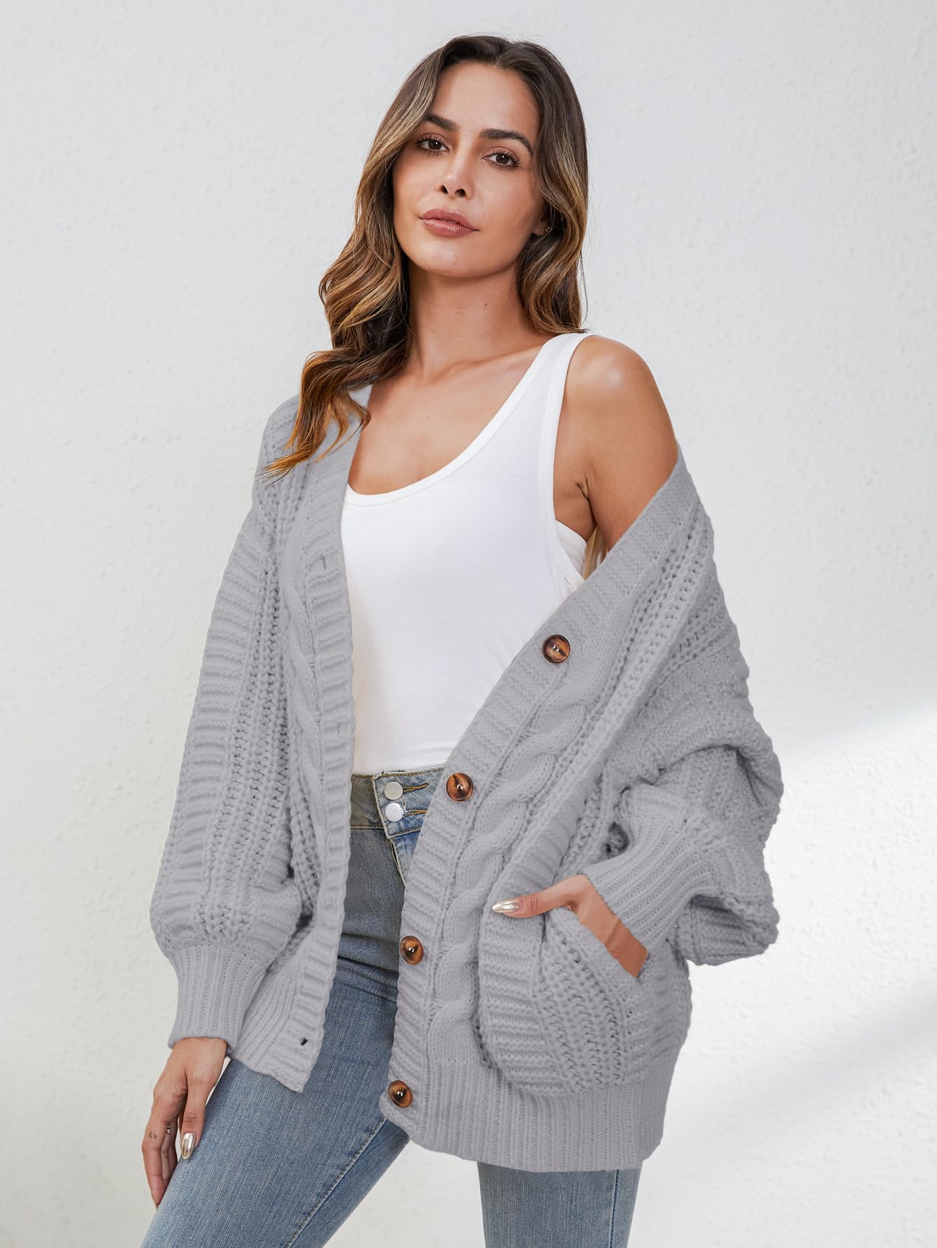 YKR Women's Oversized Chunky Knit Cardigan Sweater with Open Front & Lantern Sleeves - Cozy Button Down Fall Winter 2024 Fashion for Casual Wear, Office & Coffee Dates