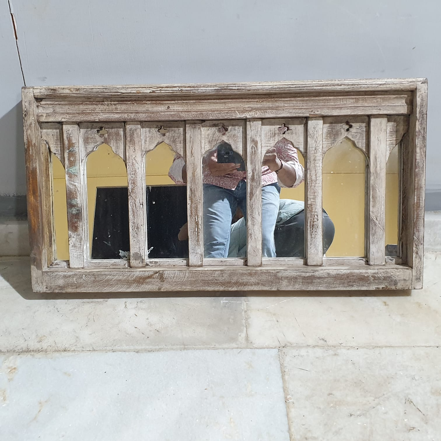 Hand Carved Antique Indian Solid Wood Mirror Frame - Natural Wooden Wall Decor - 27.5