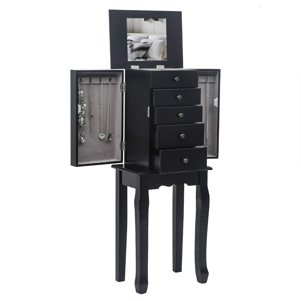 5-Tier Wooden Jewelry Cabinet Armoire - Standing Storage Organizer with Mirror for Necklaces, Rings & Earrings - Perfect for Bedroom, Closet & Dressing Room (Black)