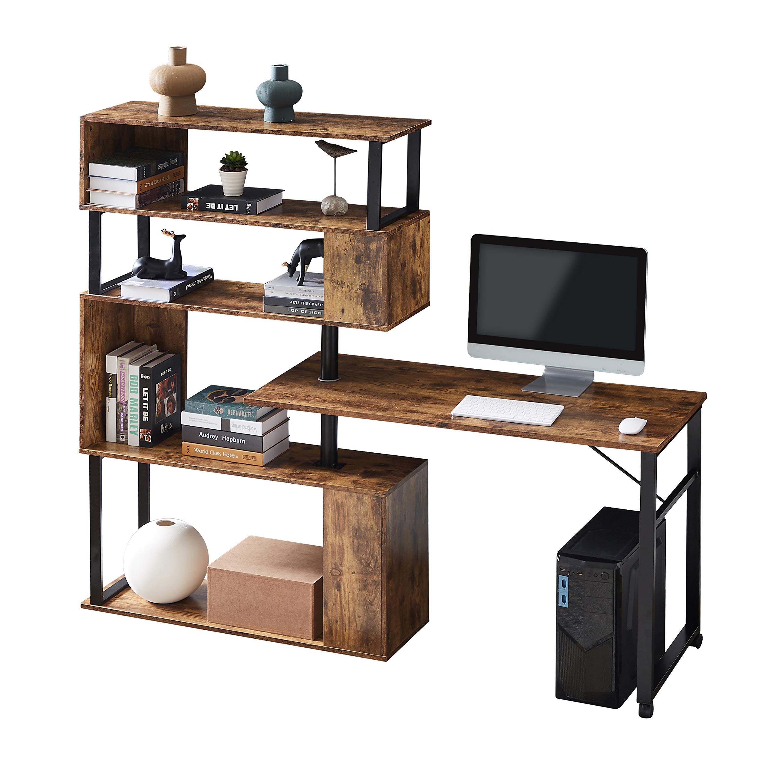 Merax L-Shaped Desk with Rotating Tabletop - Home Office Computer Desk with Storage Shelf, 4 Adjustable Setup Options, Espresso Brown - Perfect for Small Spaces & Gaming Setup