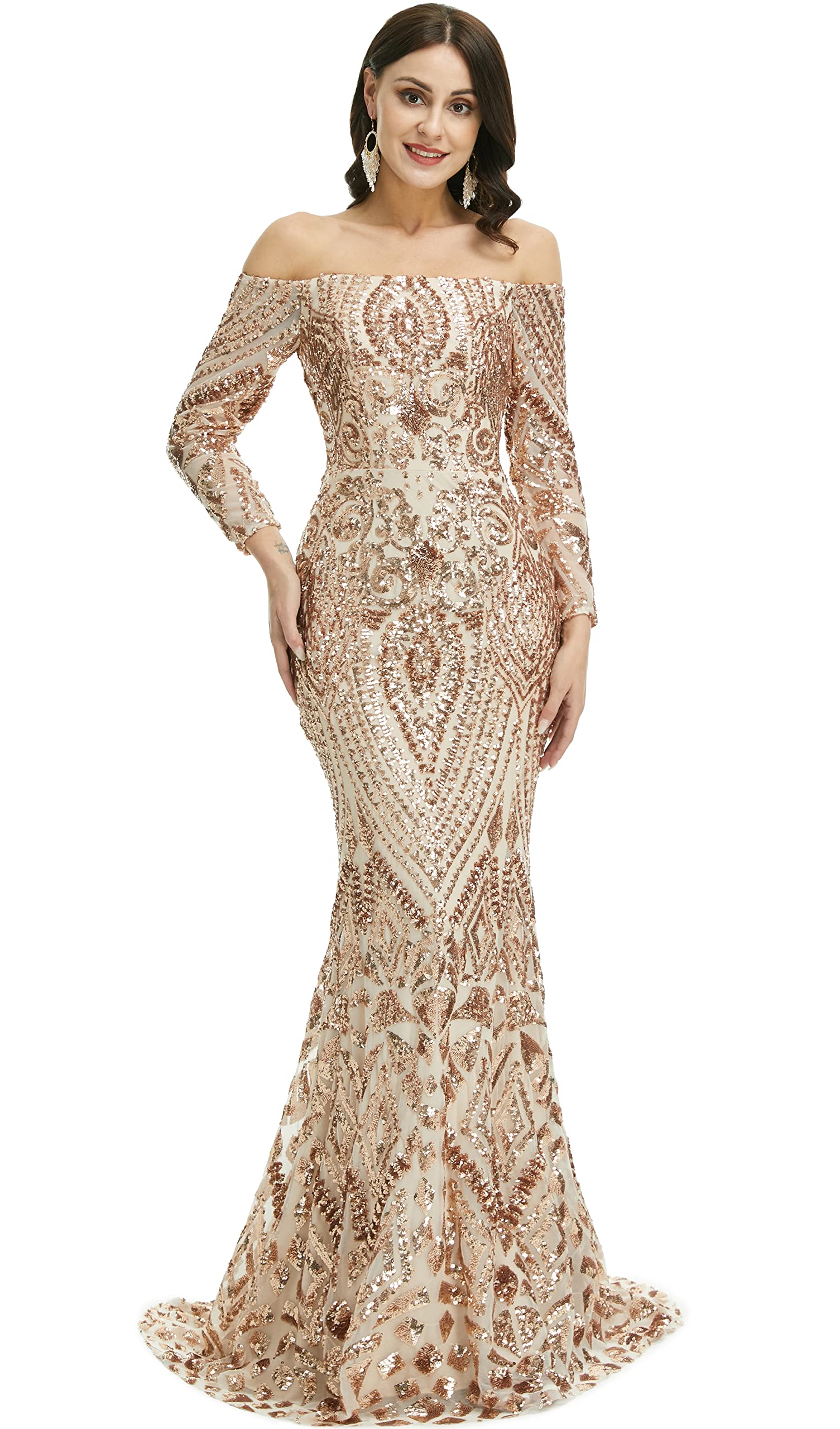 Elegant Women's Bateau Neck Long Sleeve Sequin Mermaid Evening Dress for Prom, Gala, Wedding & Formal Events