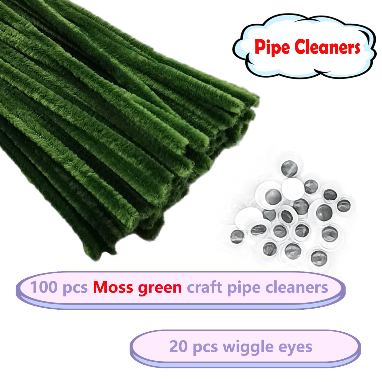 100 Pcs Moss Green Pipe Cleaners with 20 Pcs Googly Eyes - Chenille Stems for DIY Craft Projects, Arts & Holiday Decorations - Perfect for Kids Crafts, Classroom Activities & Christmas Ornaments