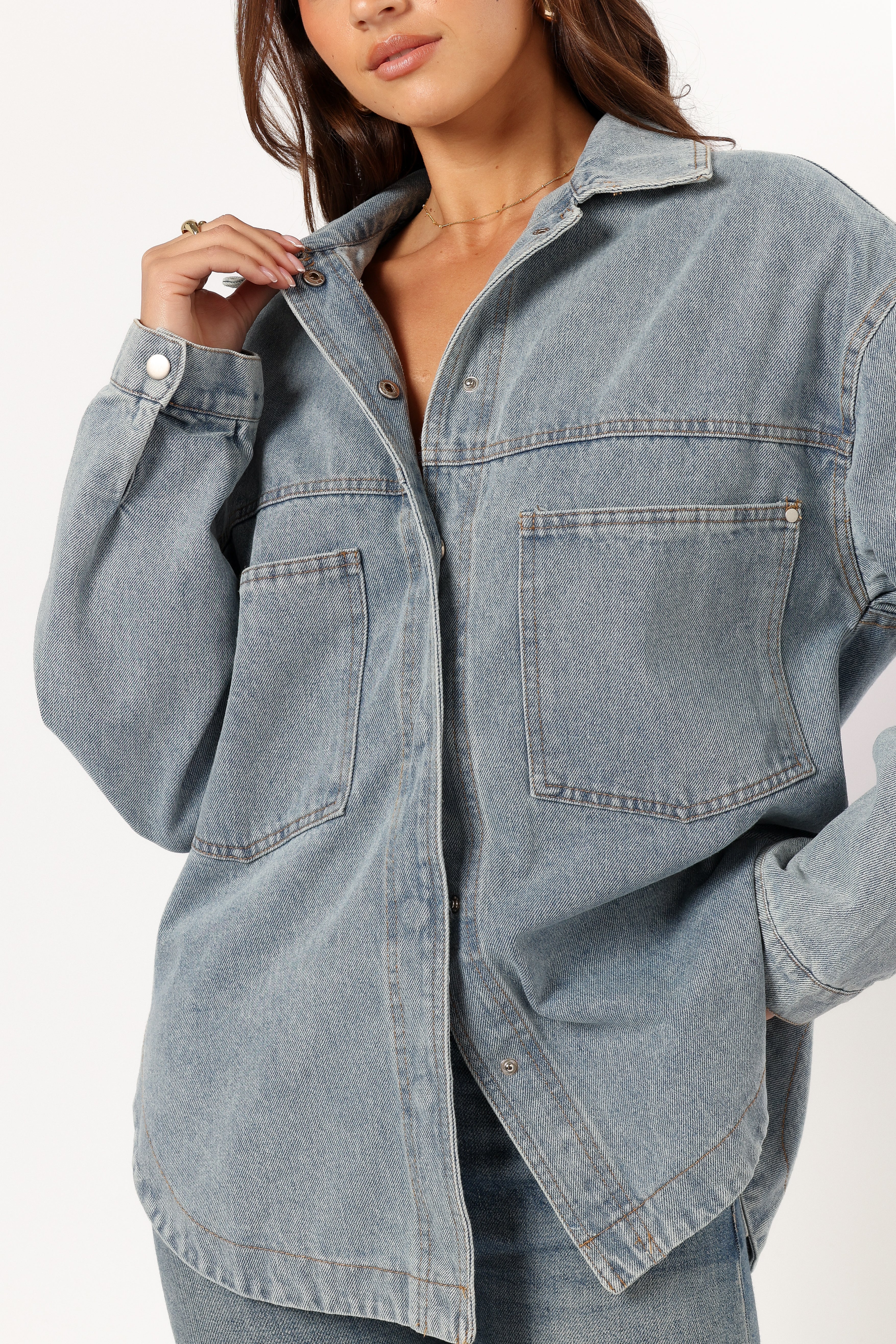 Cassie Oversized Denim Shacket Jacket for Women - Blue Distressed Denim Coat with Button Front - Perfect for Casual Outfits, Layering & Fall Fashion