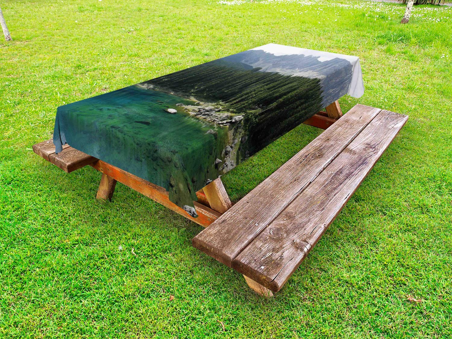 Ambesonne Waterproof Outdoor Tablecloth - Aerial View Pine Forest Lake Mountain Landscape - Washable Picnic Table Cover 58x84 Inches - Dark Green Jade Green for Camping, BBQ, Garden Parties & Outdoor Dining