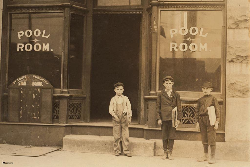 Vintage 1910 Newsboys Pool Table Room Decor - 8x12 Billiards Art Print, Game Room Accessories & Vintage Wall Sign for Pool Hall, Man Cave, or Basement Decor