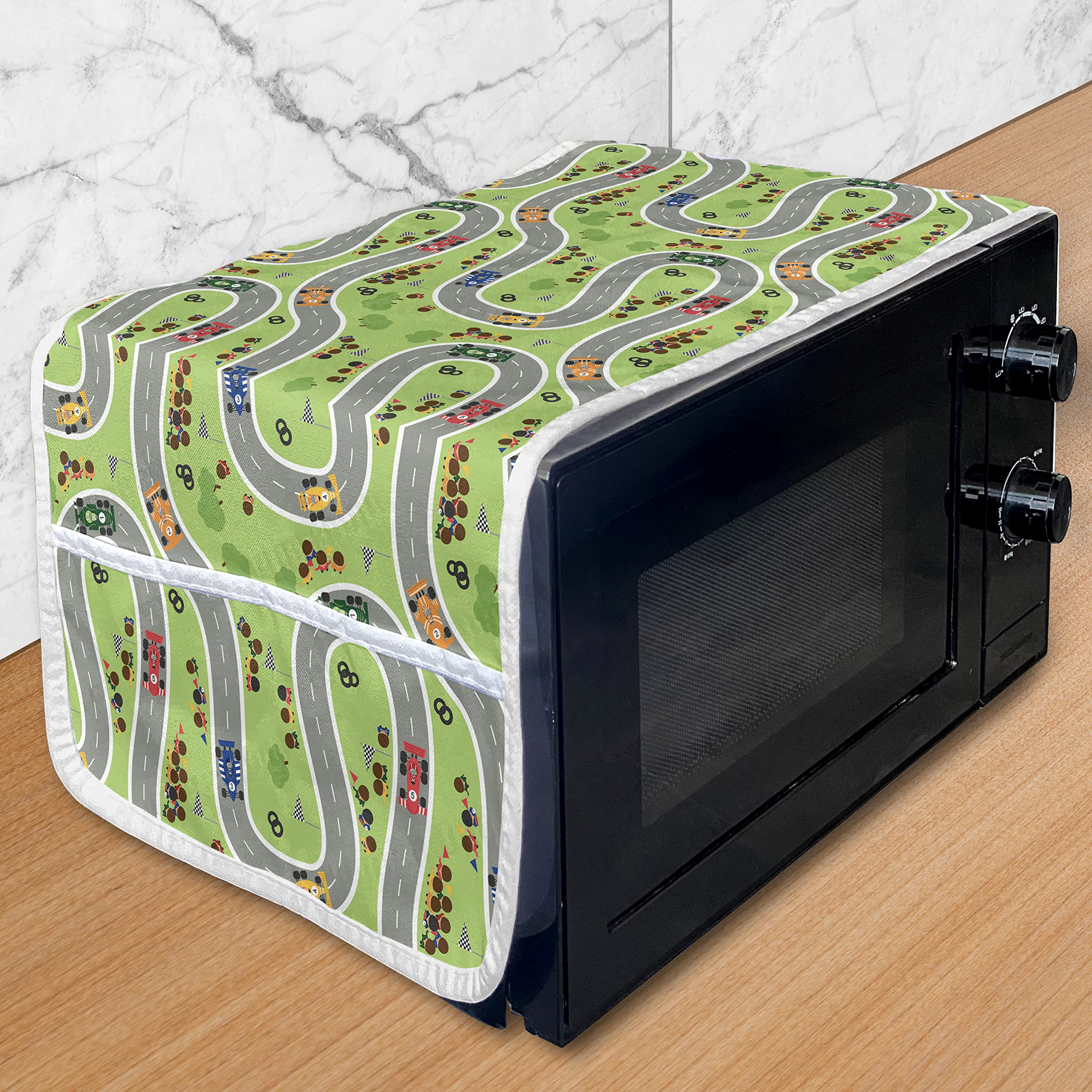 Ambesonne Race Car Microwave Cover - Waterproof Kitchen Organizer with Pockets, 36