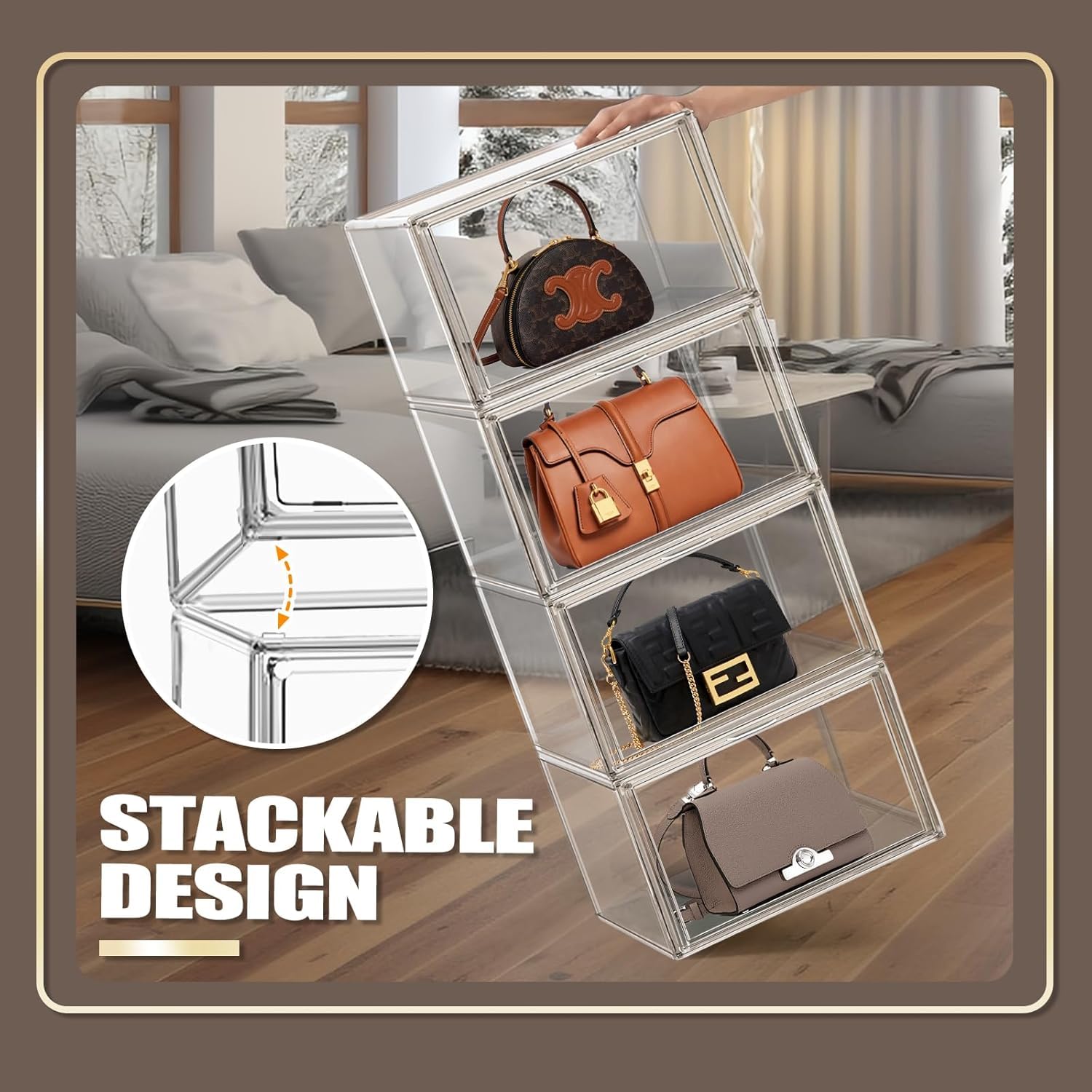 4-Pack Clear Stackable Plastic Storage Bins with Magnetic Lid - Acrylic Shoe Display Case for Books, Cosmetics, Figures & Collectibles - Perfect for Shoe Box, Handbag & Home Organization (Ideal for Closet, Office & Retail Display)