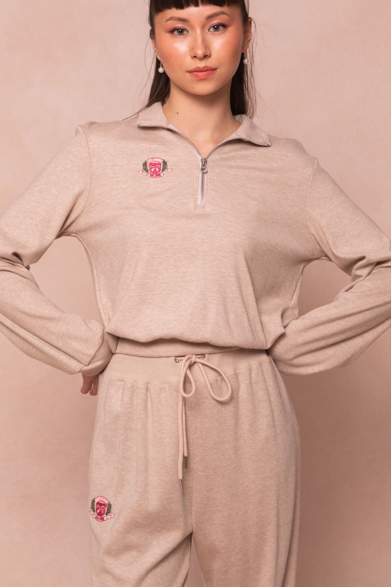 Stylish Ivy Half Zip Embroidered Pullover Sweatshirt in Oatmeal - Cozy Casual Wear for Fall & Winter | Perfect for Outdoor Activities & Layering