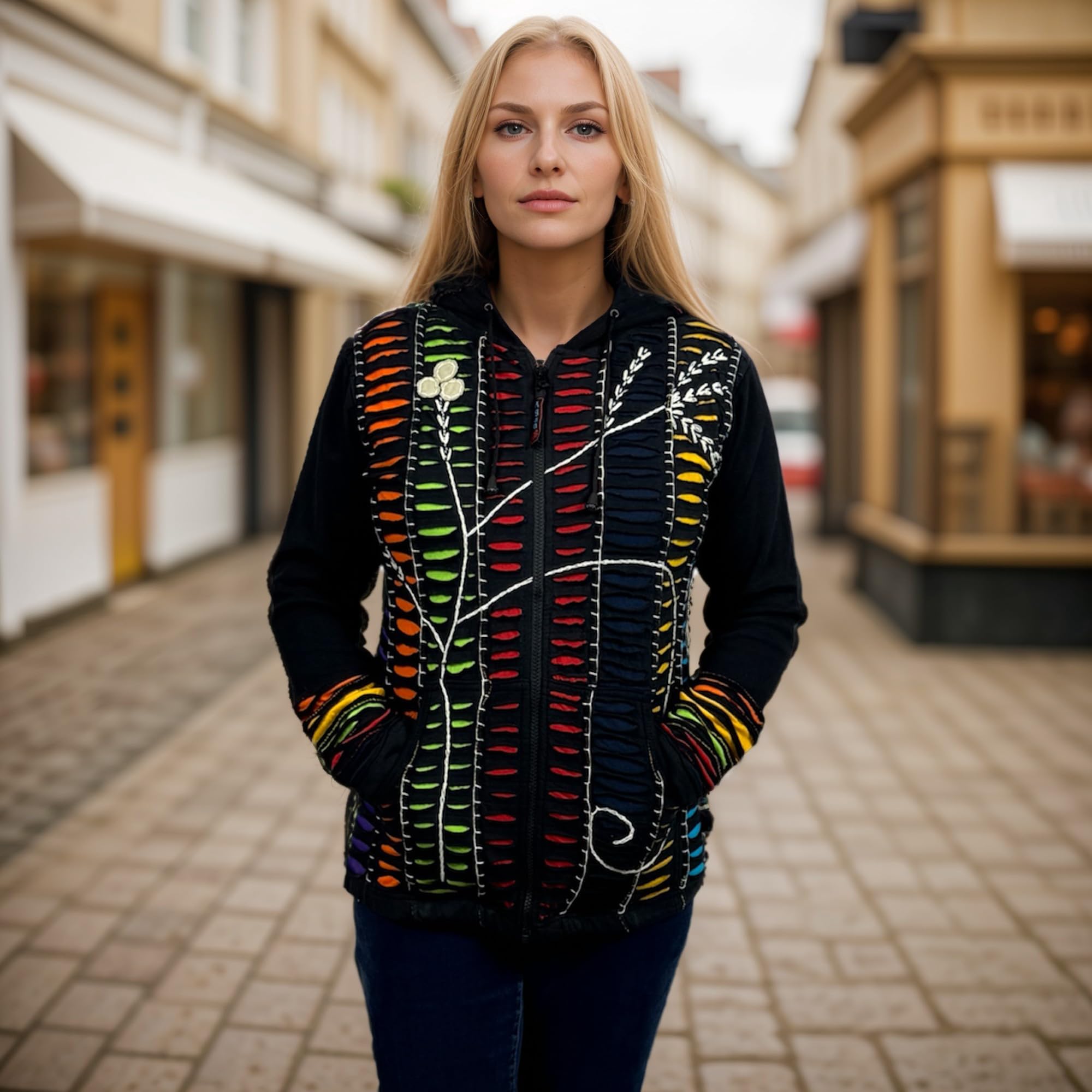Boho Patchwork Hippie Gypsy Sweatshirt Zip Up Hoodie Jacket for Women - 2025 Spring Fashion Trend - Perfect for Music Festivals & Casual Streetwear