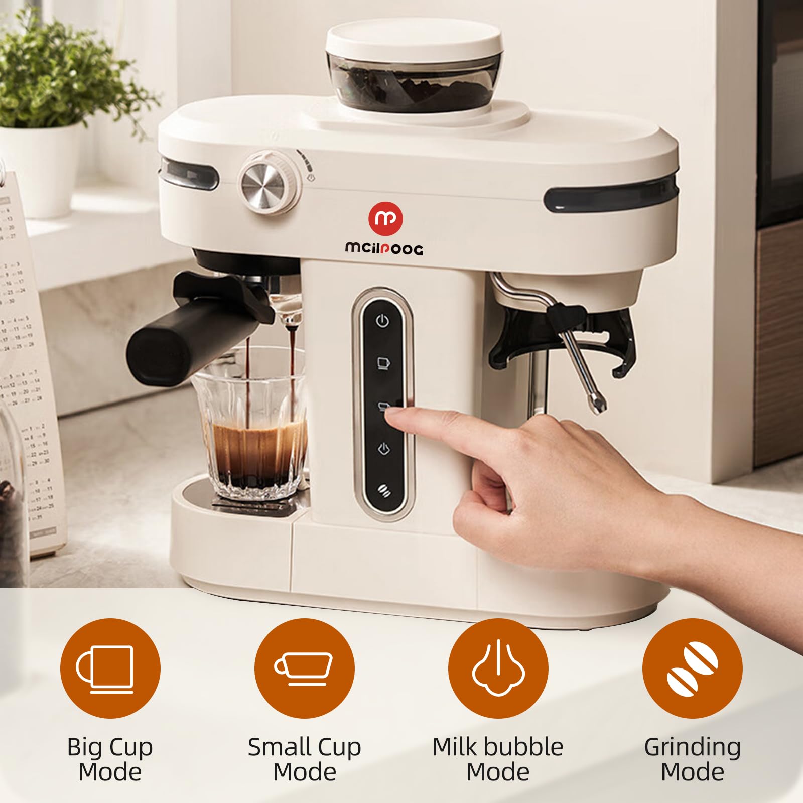 Mcilpoog AC510 15Bar Semi-Automatic Espresso Machine with Built-in Grinder & Steam Wand - 3-in-1 Compact Coffee Maker for Cappuccino, Latte & Americano - 28oz Removable Water Tank - Perfect for Home Baristas & Coffee Lovers (Creamy White) - Ideal for Kitchen Countertops, Office Break Rooms & Gift for Dad