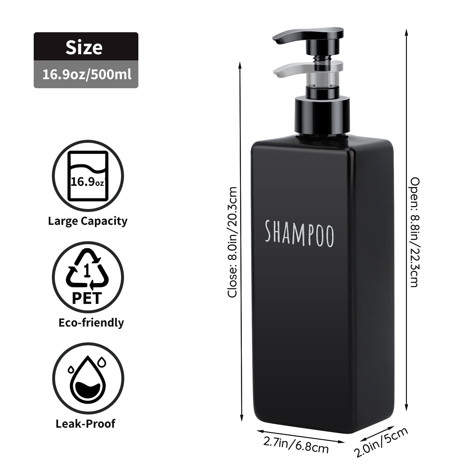 Segbeauty 3-Pack Square Soap Dispenser Set - 16.9oz (500ml) Refillable Black Plastic Pump Bottles for Shampoo, Conditioner, Body Wash & Lotion | Bathroom & Shower Organizer for Liquid Soap, Gel & Hair Care Products