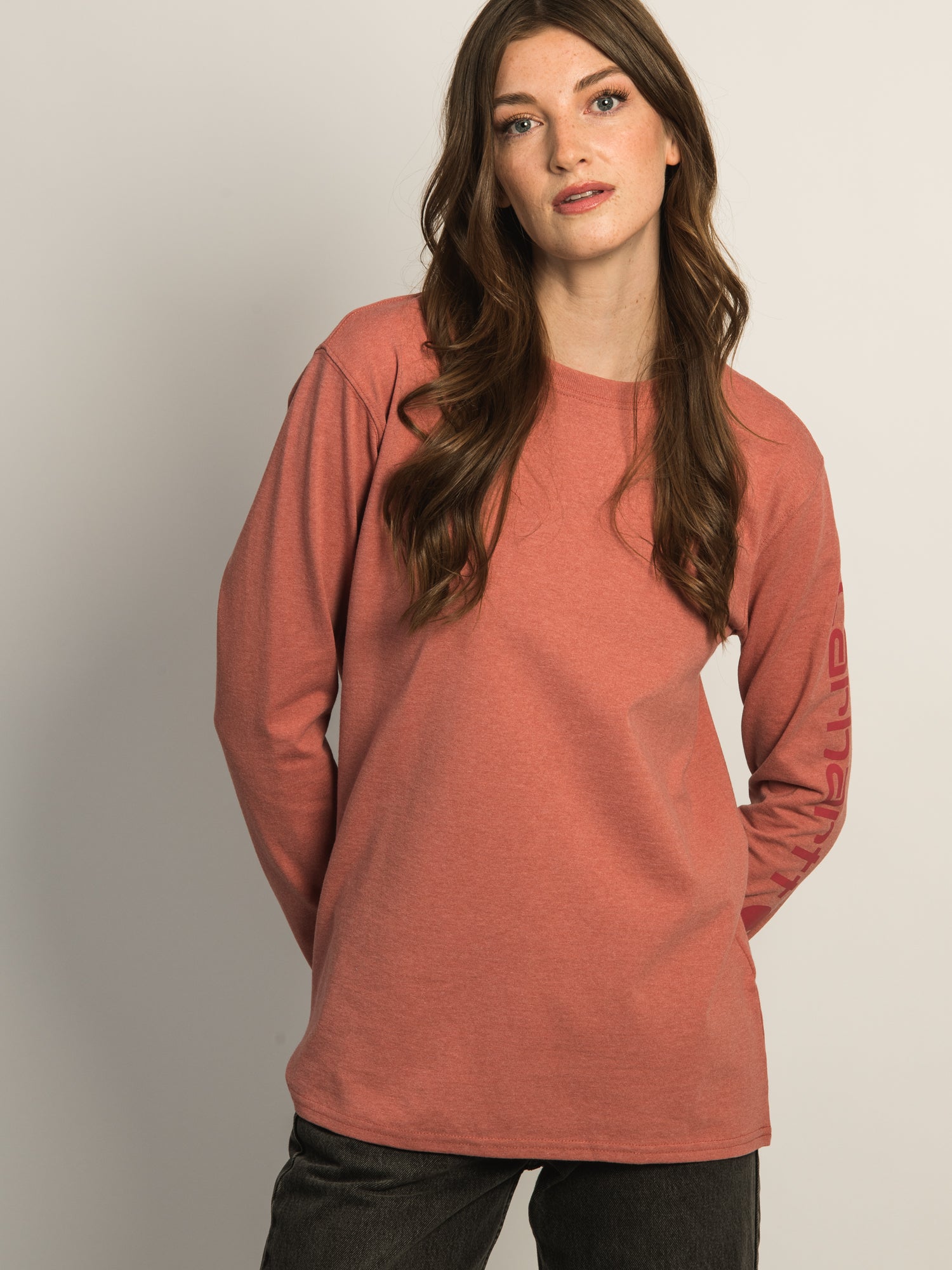 Carhartt Men's Long Sleeve Logo T-Shirt - Rose Pink Cotton Workwear Tee for Construction, Outdoor & Casual Wear