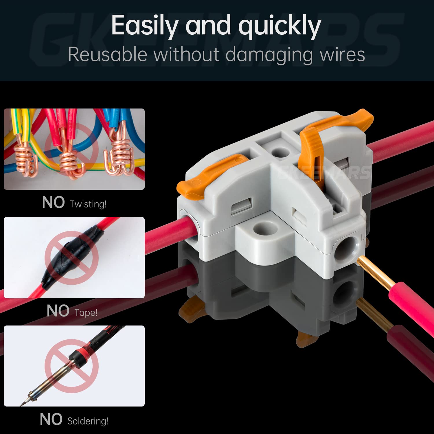 GKEEMARS 20Pcs 3 Way T Tap Wire Connectors - Quick Splice Push-in Electrical Connectors for AWG 24-12 Gauge Wires (Orange) - Ideal for Automotive, Home Wiring & DIY Electrical Projects