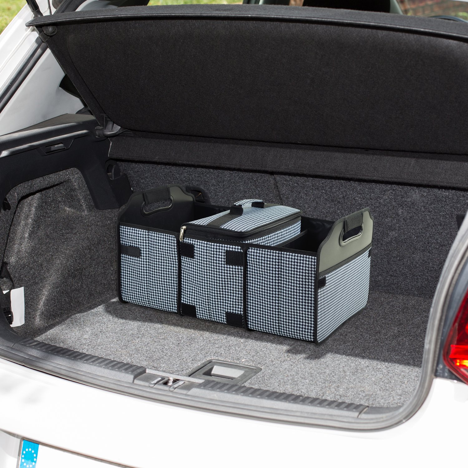 Houndstooth Trunk Organizer & Picnic Bag Set - Durable Car Storage & Outdoor Picnic Basket for Camping, Travel, and Road Trips