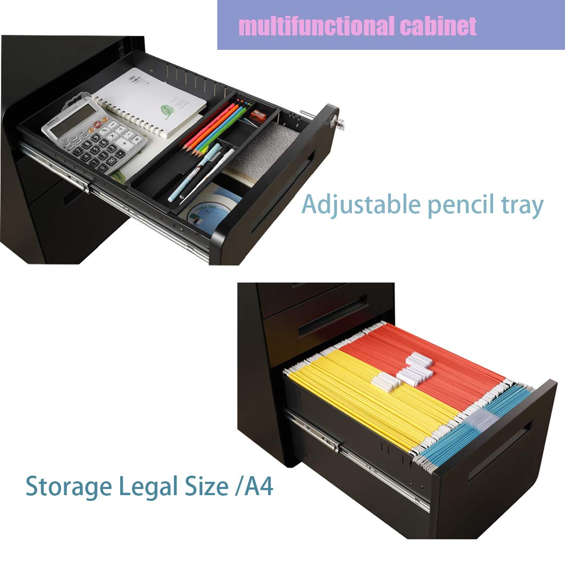 GREATMEET 3-Drawer Metal File Cabinet with Lock - Under Desk Storage Organizer for Letter/A4/Legal Size Documents - Mobile Office File Cabinet for Home, Office & School Use