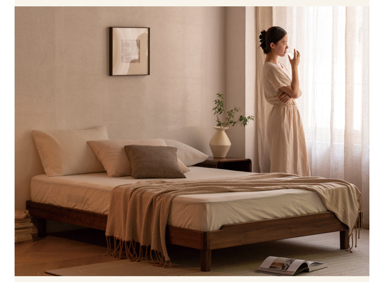 Solid Wood Platform Bed in Black Walnut & Ash - Headboard-Free Modern Bed Frame for Bedroom, Guest Room, or Dorm