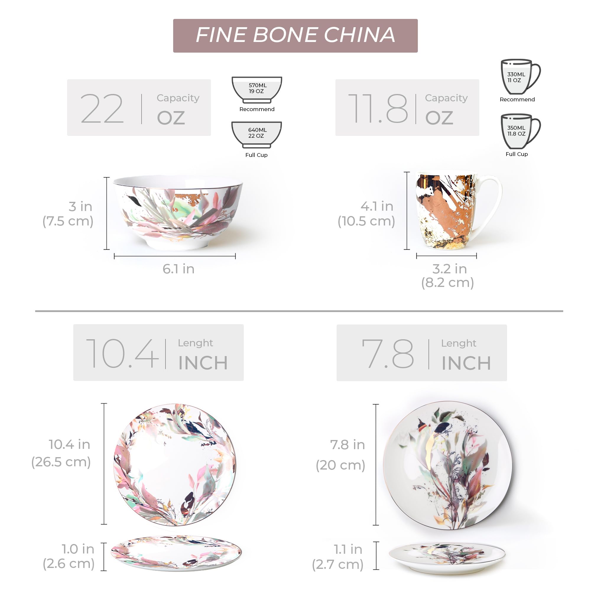 Elegant Pink & Gold 16-Piece Ceramic Dinnerware Set for 4 - Includes Dinner Plates, Salad Plates, Dessert Plates & Cereal Bowls - Microwave Safe Bone China - Perfect for Family Meals, Dinner Parties & Everyday Use by KOKEN