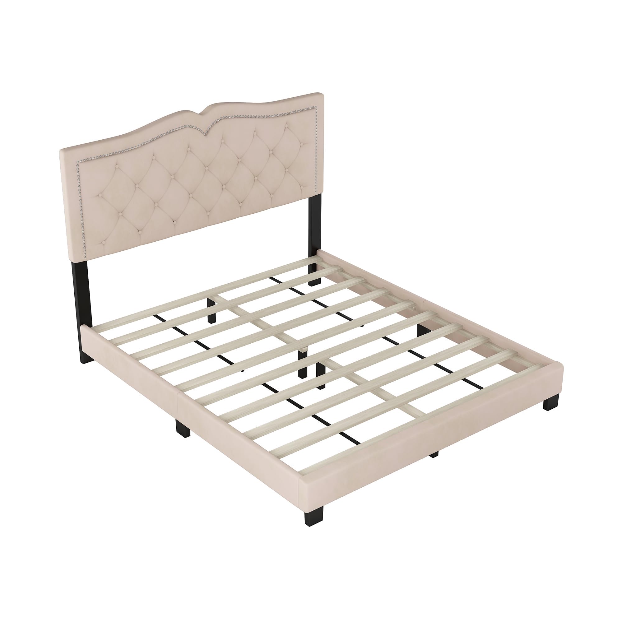 Luxury Velvet Upholstered Platform Bed Frame with Rivet Design - Queen Size Soft Headboard Bed with Slats, No Box Spring Needed - Easy Assembly Modern Bedroom Furniture (Beige) | Perfect for Master Bedrooms, Guest Rooms & Small Space Apartments