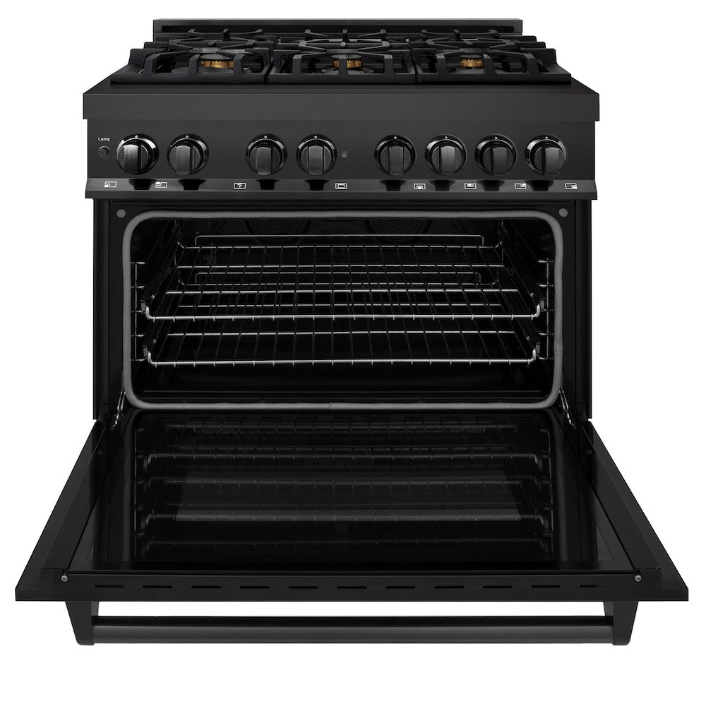 ZLINE 36-inch Black Stainless Steel Kitchen Package - Dual Fuel Range, Range Hood & Microwave Drawer (4KPR RABRH36 MW) | Premium Appliance Bundle for Modern Kitchens & Home Renovations