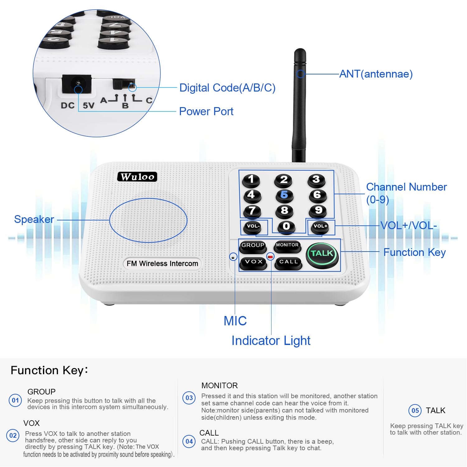 Wuloo Wireless Intercom System for Home - 5280 Feet Range, 10 Channels & 3 Codes, Long Range Walkie Talkie for House Communication (White) - Perfect for Large Homes, Offices, and Outdoor Use