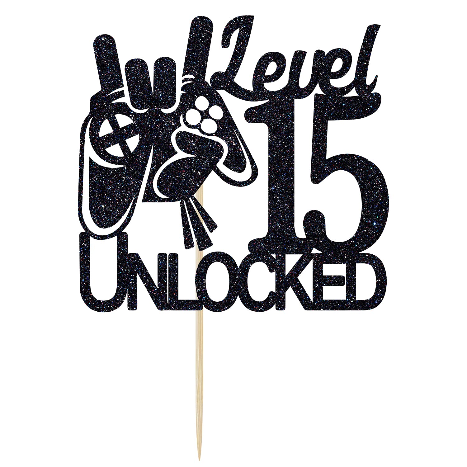 15th Birthday Cake Topper - Video Game Level 15 Unlocked Black Glitter Decoration for Boys | Level Up Winner Party Supplies | Perfect for Gaming Themed Birthday Cakes and Celebration Decorations