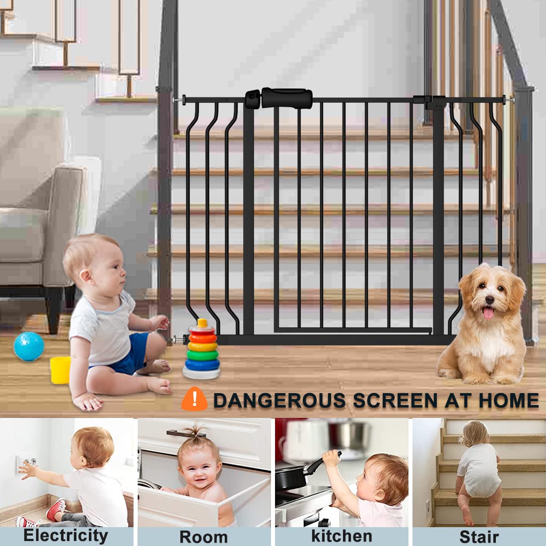 Extra Wide Baby Gate 62-67 Inch - Black Pressure Mounted Auto Close Safety Gate for Child & Pet - Perfect for Wide Doorways, Stairs, Hallways & Home Security