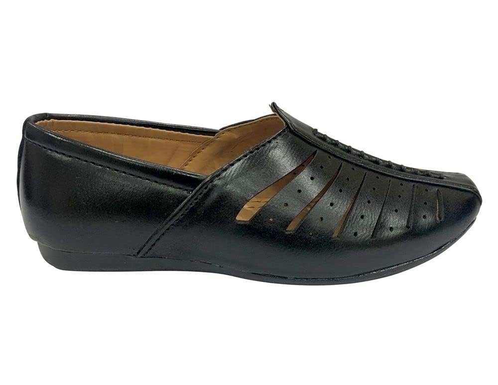 Designer Ethnic Punjabi Mojari Juttis for Boys - Toddler to Big Kid Sizes - Traditional Sherwani & Kurta Dress Shoes in Black | Perfect for Weddings, Festivals & Cultural Events