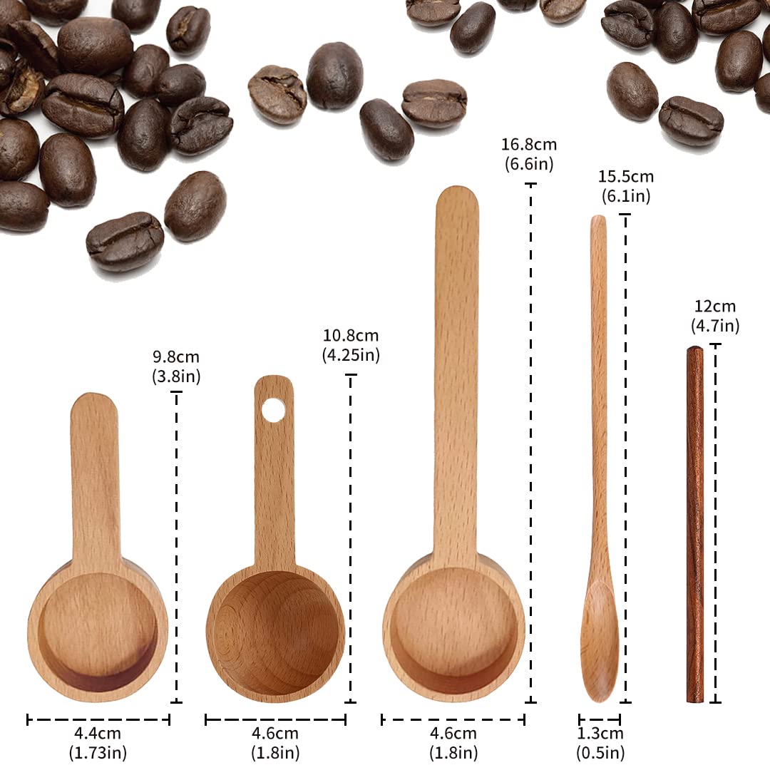 Premium Wooden Coffee Scoop Set of 5 - Measuring Spoons for Ground Coffee, Beans, Sugar, Spices & Tea | Perfect for Coffee Shops, Home Brewing & Kitchen Organization