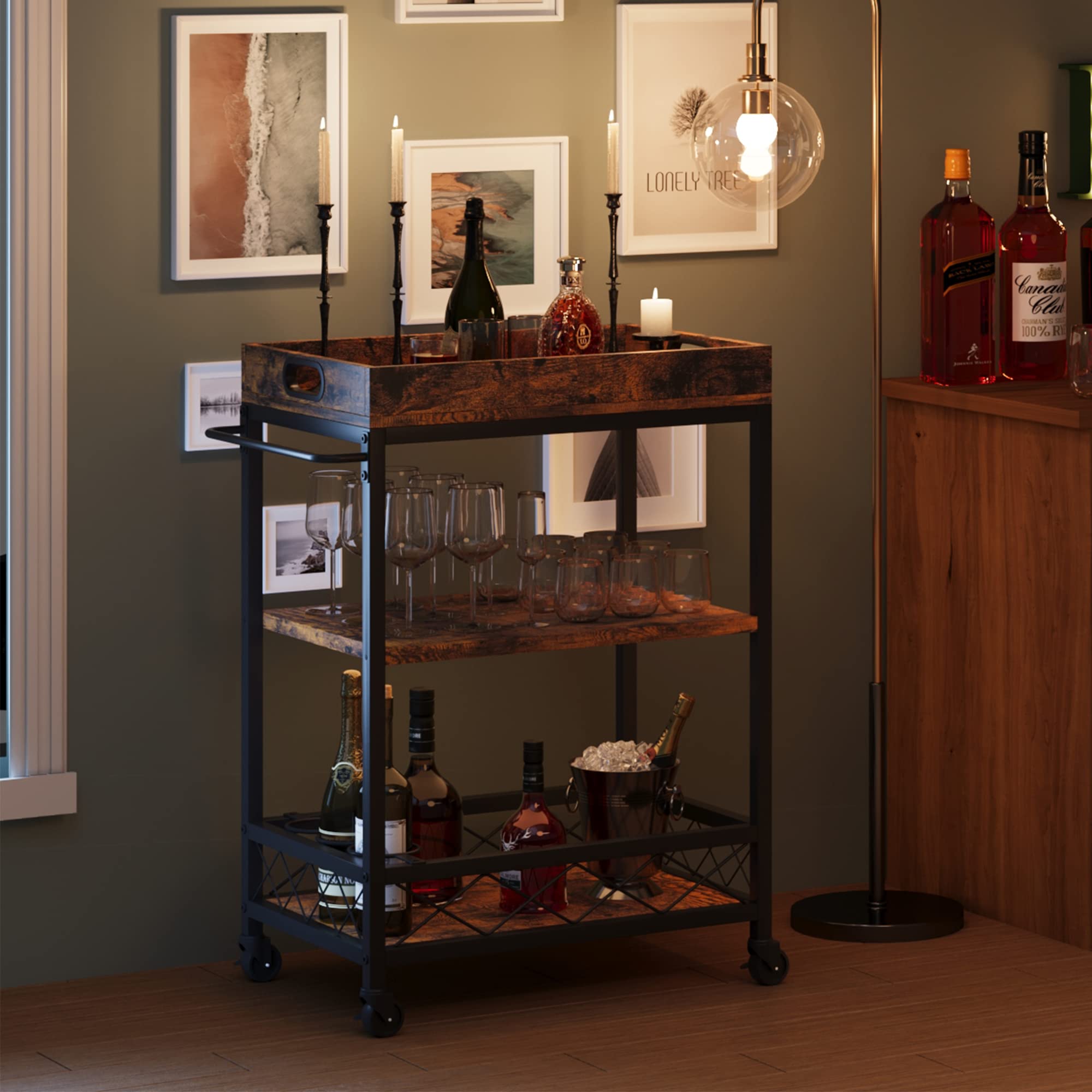 GARVEE 3-Tier Bar Cart with Wine Rack & Locking Wheels - Rustic Wooden Serving Cart with Removable Top Tray - Mobile Beverage Cart for Kitchen, Dining Room, Living Room, Bar or Outdoor Entertaining